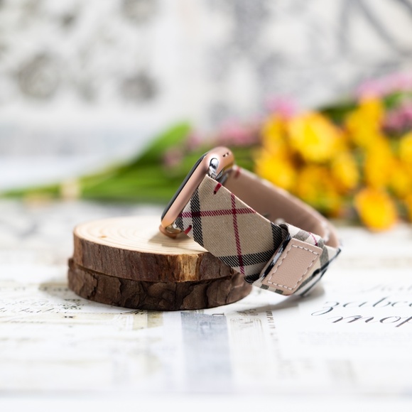 Plaid Checker Apple Watch Band, Leather Band Strap Beige 38/40/41/42/44/45 mm SE - Picture 8 of 9